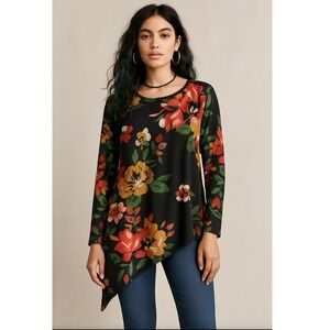 Floral Black Scoop-Neck Long Sleeve Asymmetrical Hem Tunic Top Dress Size‎ L